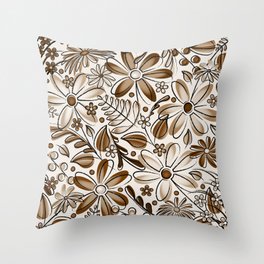 Brown and Khaki Flower Garden - Hand Drawn Vector Florals Throw Pillow