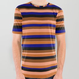 [ Thumbnail: Eyecatching Light Salmon, Chocolate, Blue, Black & Brown Colored Stripes/Lines Pattern All Over Graphic Tee ]