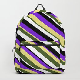 [ Thumbnail: Vibrant Purple, Tan, Dark Olive Green, White & Black Colored Lined/Striped Pattern Backpack ]