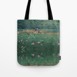 The lily pond at Benten Shrine in Shiba, Japan floral Japanese landscape painting by Kawase Hasui Tote Bag