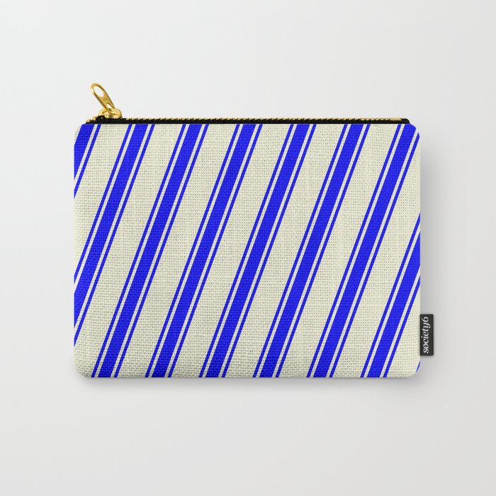 Beige and Blue Colored Lined/Striped Pattern Carry-All Pouch