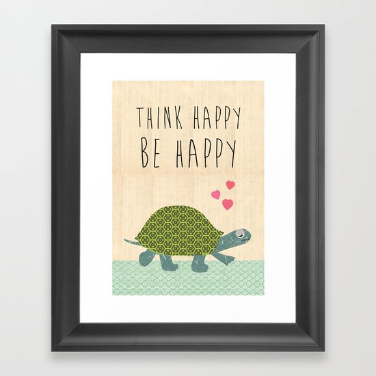 Think happy be happy typography Print on wooden background Framed Art Print
