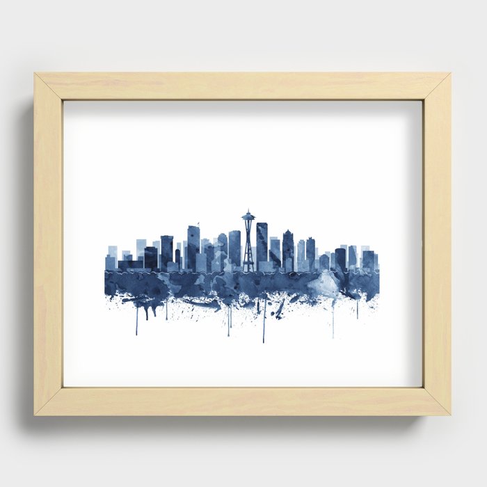 Seattle Skyline Watercolor Blue, Art Print By Synplus Recessed Framed Print