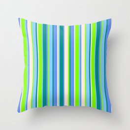[ Thumbnail: Eye-catching Chartreuse, Light Sky Blue, Dark Cyan, Cornflower Blue, and Beige Colored Lines Pattern Throw Pillow ]