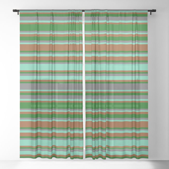 Brown, Dark Green, Dim Grey & Aquamarine Colored Lined/Striped Pattern Sheer Curtain