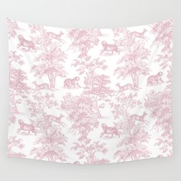 Toile de Jouy Vintage French Exotic Jungle Forest Baby Pink & White Wall Tapestry