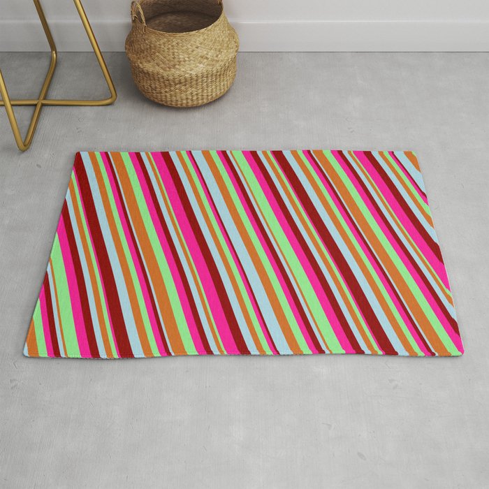 Eye-catching Deep Pink, Light Green, Chocolate, Light Blue & Dark Red Colored Lines/Stripes Pattern Rug