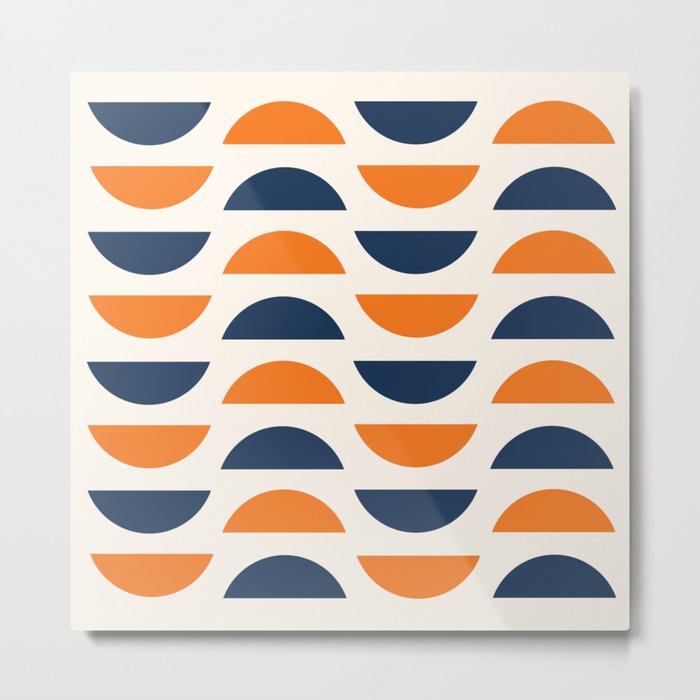Abstract Shapes 60 in Orange and Navy Blue (Moon Phases Abstraction) Metal Print