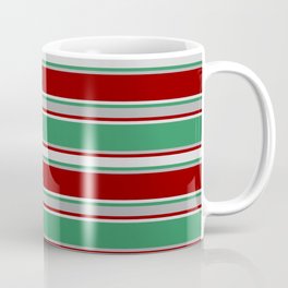 [ Thumbnail: Sea Green, Dark Grey, Dark Red, and Light Grey Colored Lined/Striped Pattern Coffee Mug ]