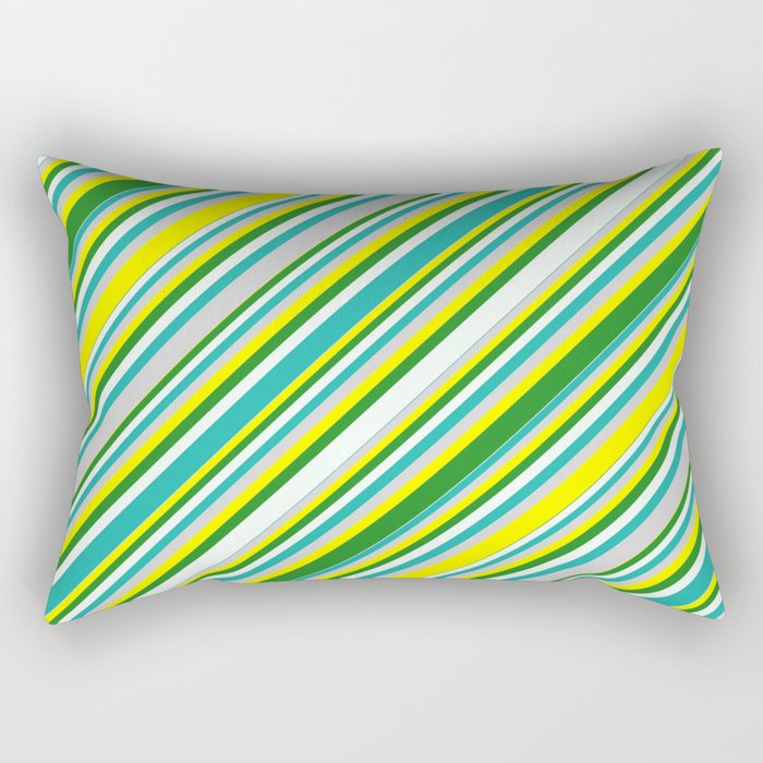 Eyecatching Yellow, Forest Green, Mint Cream, Light Sea Green, and Light Grey Colored Lined Pattern Rectangular Pillow