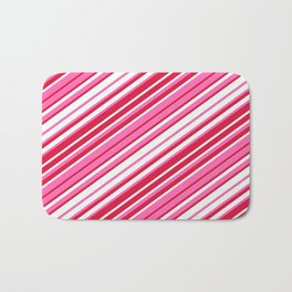 [ Thumbnail: Hot Pink, Crimson, and Mint Cream Colored Stripes/Lines Pattern Bath Mat ]