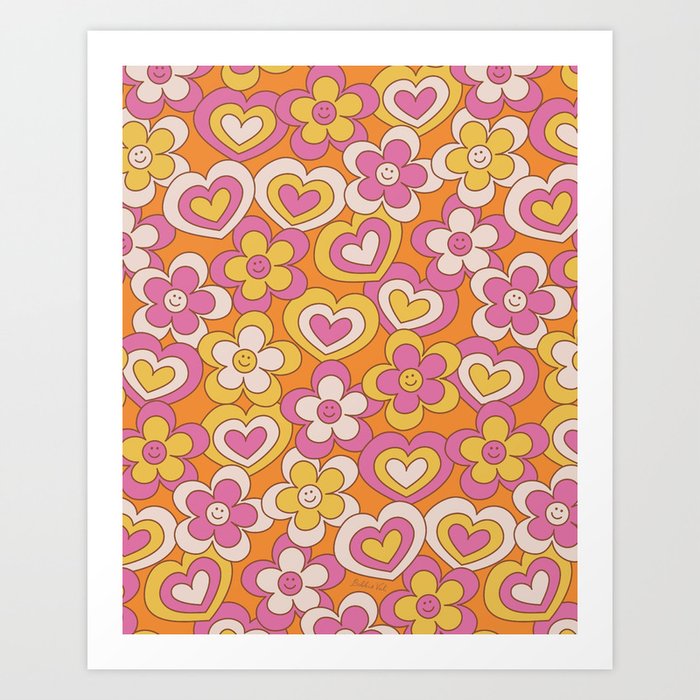 Happy Daisy and Heart Pattern, Cute, Summer, Tangerine Orange, Fuchsia Art Print