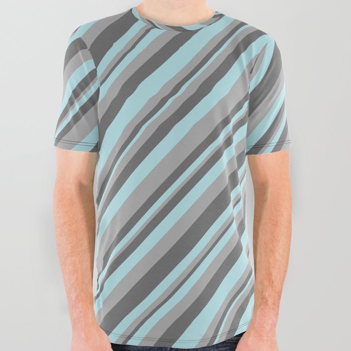 Dim Grey, Powder Blue, and Dark Grey Colored Striped Pattern All Over Graphic Tee