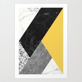 Black and White Marbles and Pantone Primrose Yellow Color Art Print