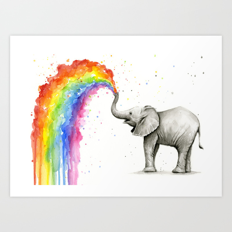 Baby Elephant Spraying Rainbow Art Print By Olechka Society6
