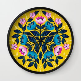 Yellow, blue, and pink floral clock with numbers Wall Clock