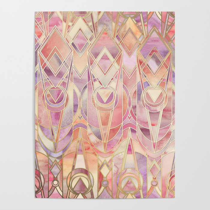 Glowing Coral and Amethyst Art Deco Pattern Poster