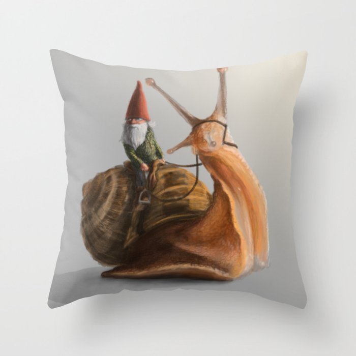 Gnome on Snail Throw Pillow