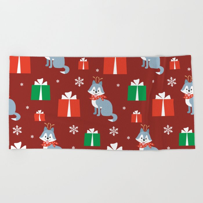 Colorful Seamless Pattern with Cute Dog in Christmas Costume 07 Beach Towel