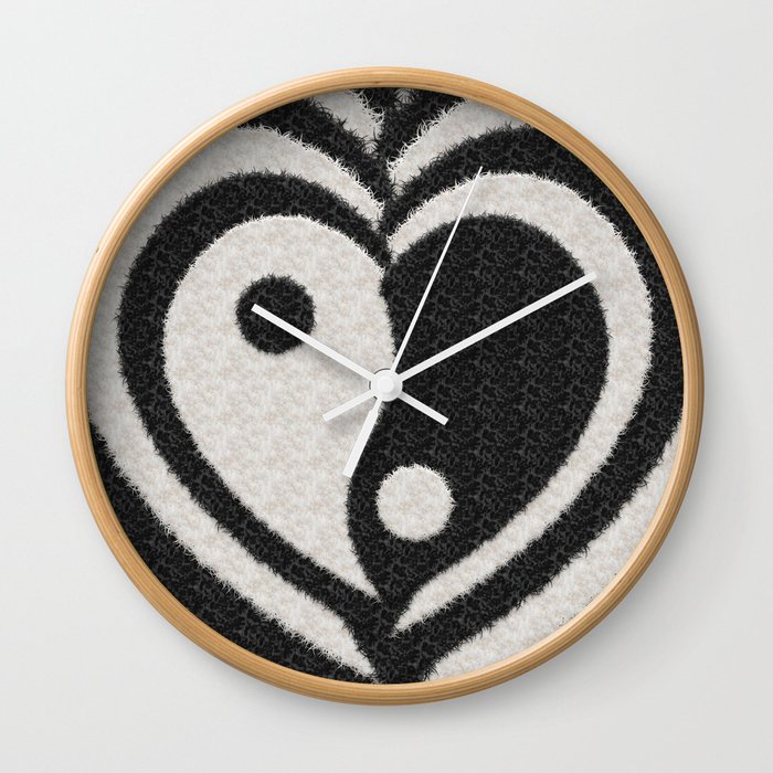 Furry Ying Yang Hearts (Faux Black and White Animal Fur, Digital Art) (xii 2021) Wall Clock
