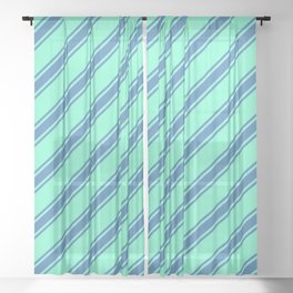 [ Thumbnail: Aquamarine and Blue Colored Striped/Lined Pattern Sheer Curtain ]