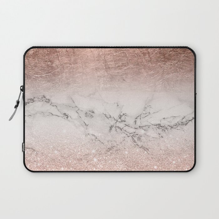 Modern faux rose gold glitter and foil ombre gradient on white marble color block Laptop Sleeve