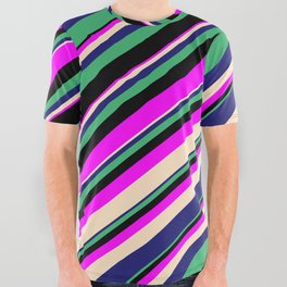 [ Thumbnail: Eyecatching Fuchsia, Bisque, Midnight Blue, Sea Green & Black Colored Lines/Stripes Pattern All Over Graphic Tee ]