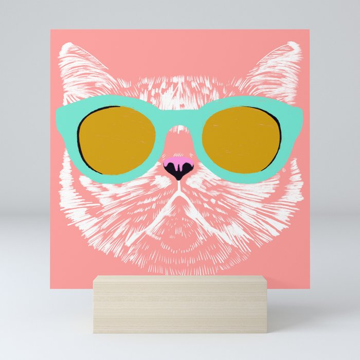 Cat with Sunglasses White Mini Art Print