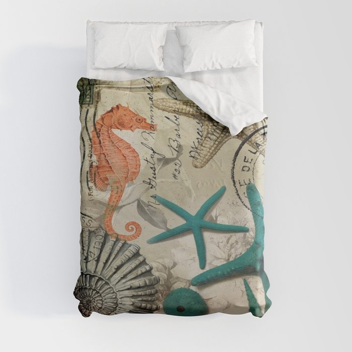 french botanical art seahorse teal green starfish Duvet Cover