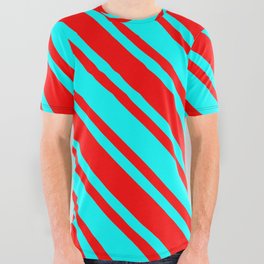 [ Thumbnail: Aqua and Red Colored Lined Pattern All Over Graphic Tee ]