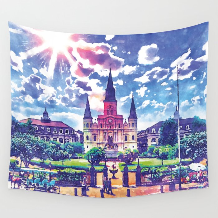 New Orleans French Quarter Colorful Watercolor  Wall Tapestry
