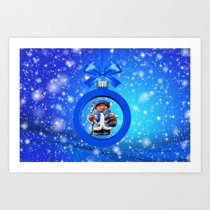 Blue Christmas Teddy Bear Art Print