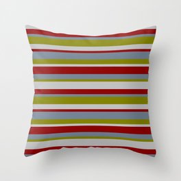 [ Thumbnail: Slate Gray, Green, Grey & Dark Red Colored Pattern of Stripes Throw Pillow ]
