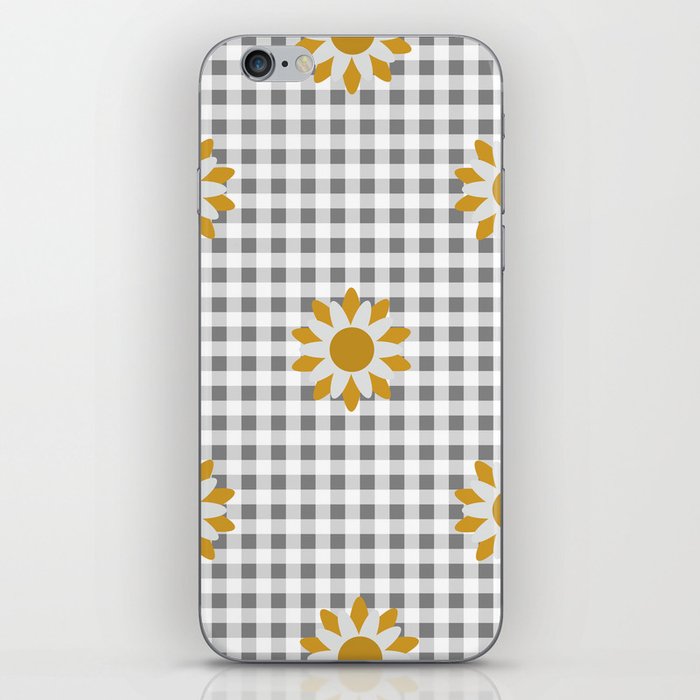 Gray Beige Colored Checker Board Effect Grid Illustration with Yellow Mustard Daisy Flowers iPhone Skin