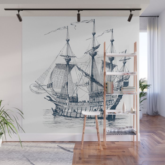 Blue vintage nautical wind sailing boat Wall Mural