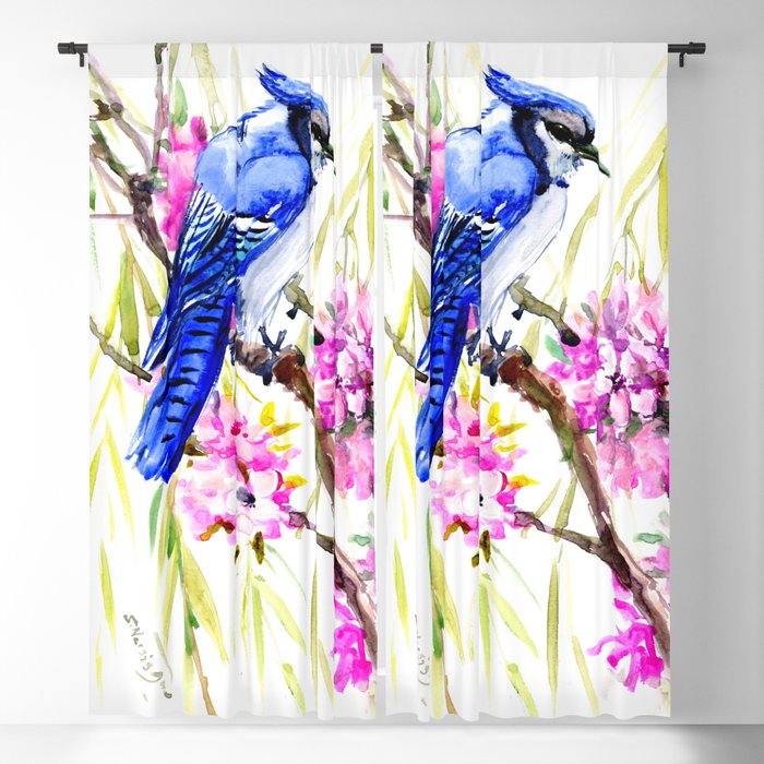 Blue Jay and Cherry Blossom, Blue Pink Birds and Flowers Blackout Curtain