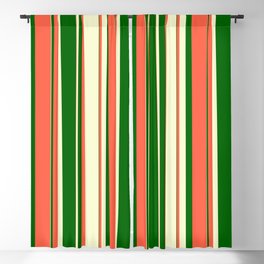 [ Thumbnail: Red, Light Yellow & Dark Green Colored Stripes Pattern Blackout Curtain ]