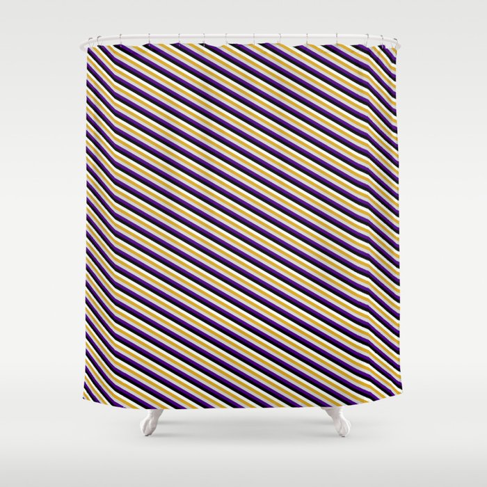Vibrant Goldenrod, Light Grey, Indigo, Black, and Mint Cream Colored Striped/Lined Pattern Shower Curtain