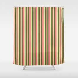 [ Thumbnail: Dark Olive Green, Light Coral, and Pale Goldenrod Colored Lined/Striped Pattern Shower Curtain ]