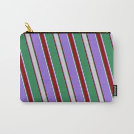 [ Thumbnail: Purple, Dark Red, Sea Green, and Light Grey Colored Lines Pattern Carry-All Pouch ]