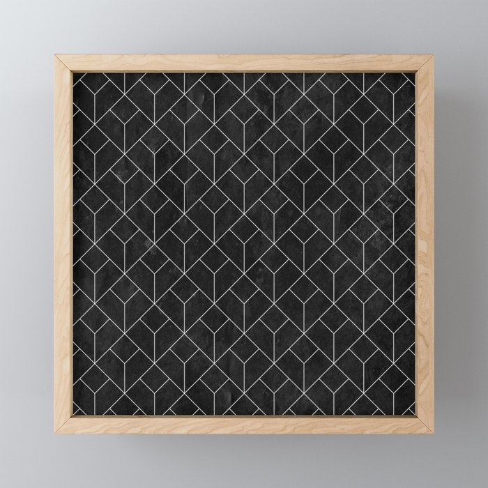 White Art Deco pattern on black ink Framed Mini Art Print