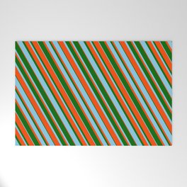 [ Thumbnail: Dark Green, Sky Blue, and Red Colored Striped Pattern Welcome Mat ]