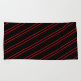 [ Thumbnail: Black & Dark Red Colored Striped Pattern Beach Towel ]