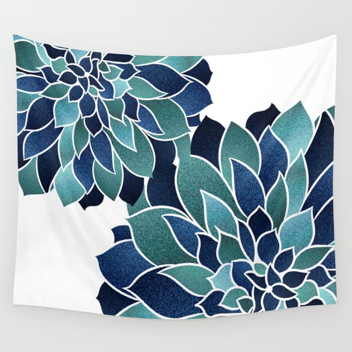 Festive, Floral Prints, Navy Blue and Teal on White Wall Tapestry