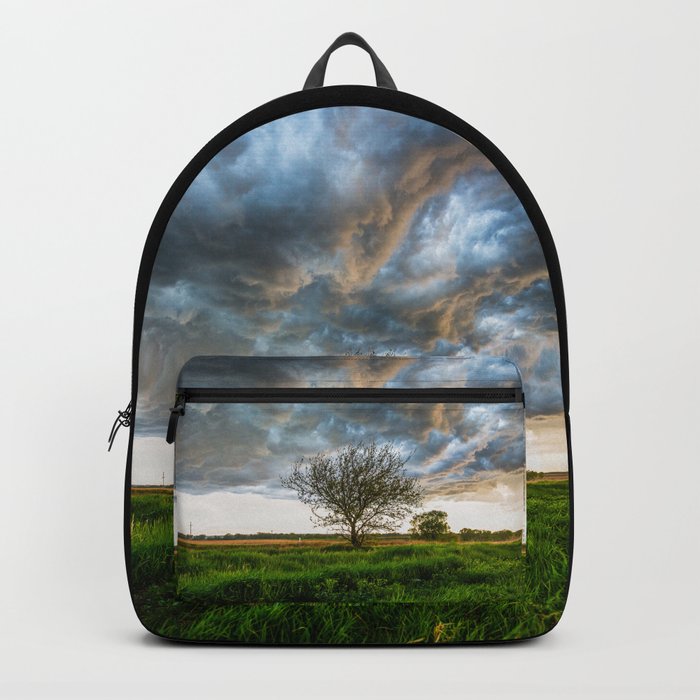 Stormy Day on the Plains - Tree Under Stormy Sky on Spring Day on the Plains of Kansas Backpack