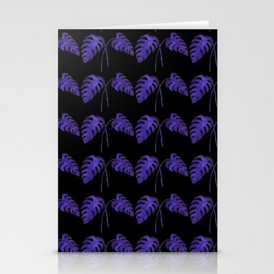 Indigo Monstera Leaf Watercolor on Black Stationery Cards