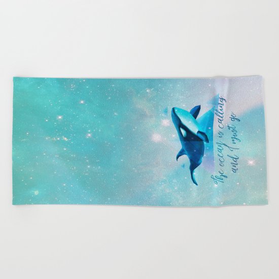 Beach Series Aqua-The Ocean is calling- Animal Whale Typography Beach Towel