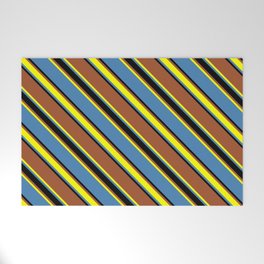 [ Thumbnail: Sienna, Yellow, Blue, and Black Colored Lines/Stripes Pattern Welcome Mat ]
