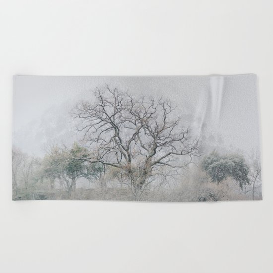 "King of the Mountain". Foggy and snowy mountain. Beach Towel