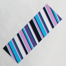 [ Thumbnail: Eye-catching Plum, Dark Slate Blue, Black, Deep Sky Blue & White Colored Lined/Striped Pattern Yoga Mat ]